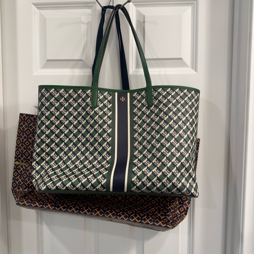 Tory Burch Green and Black Patterned Tote